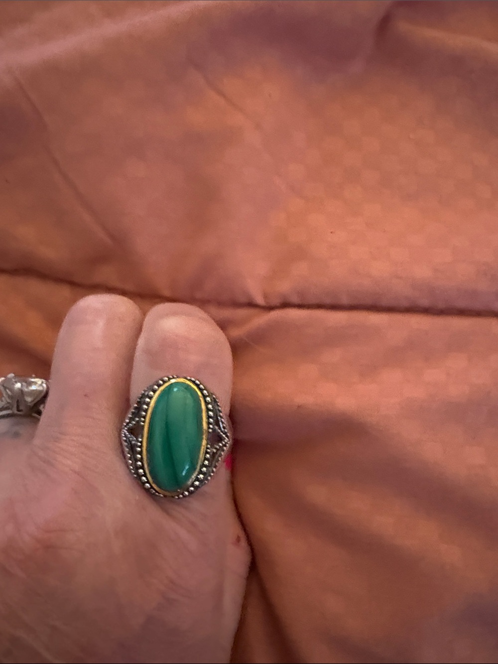 Green Oval Stone Ring with Silver-Tone Filigree and Gold Accent